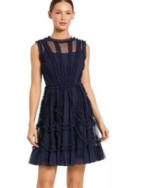 Mac Duggal Navy High Neck Sleeveless Micro Ruffle Mini Dress, size 10